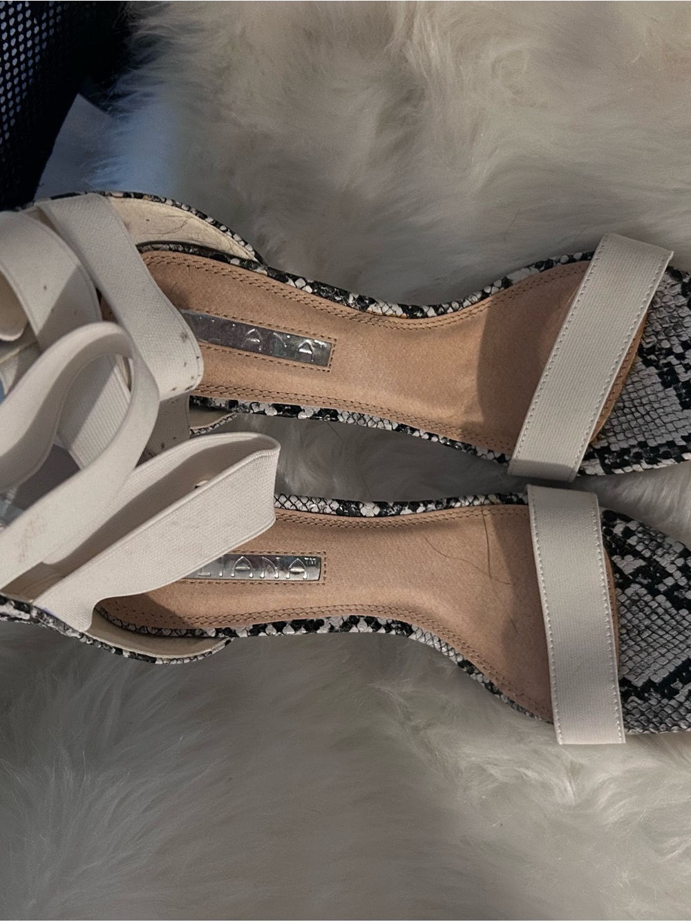 Liliana White Ankle-Tie Heels with Black-and-White Snake Print